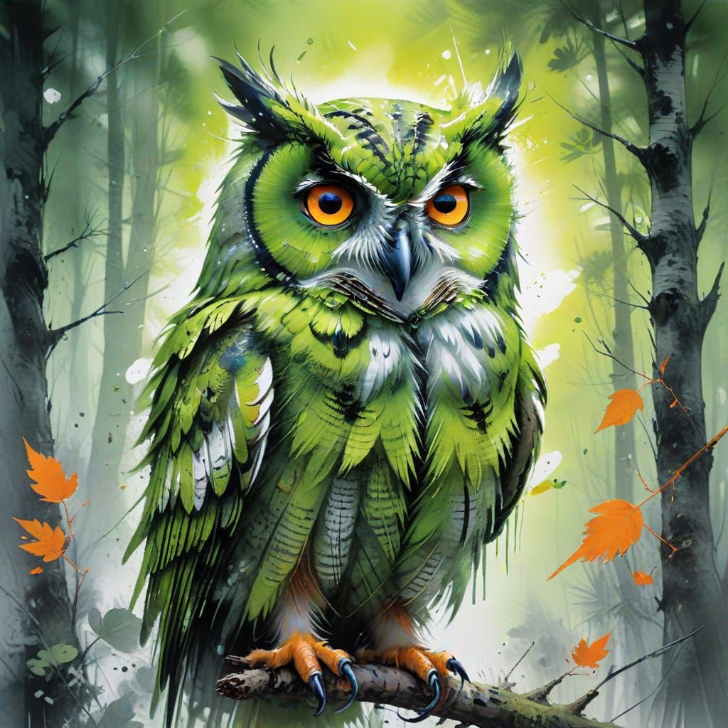Neon Owl in Misty Forest: Watercolor Art