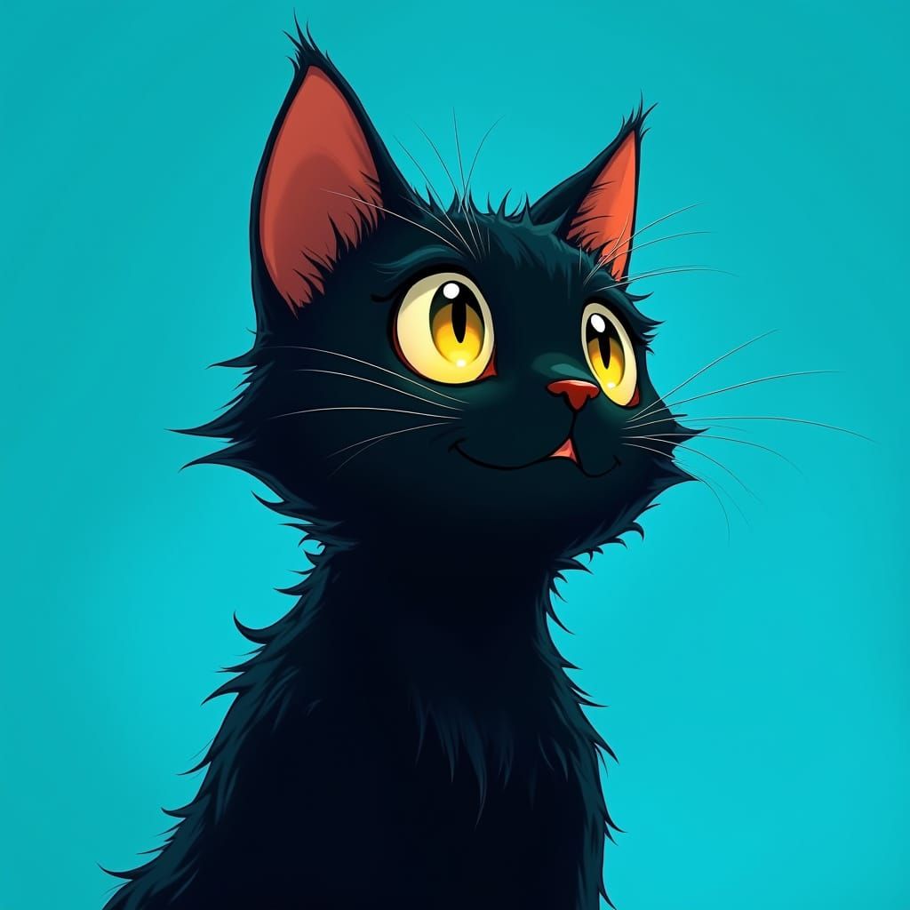 Stylized Black Cat with Glowing Eyes, Cel-Shaded Art