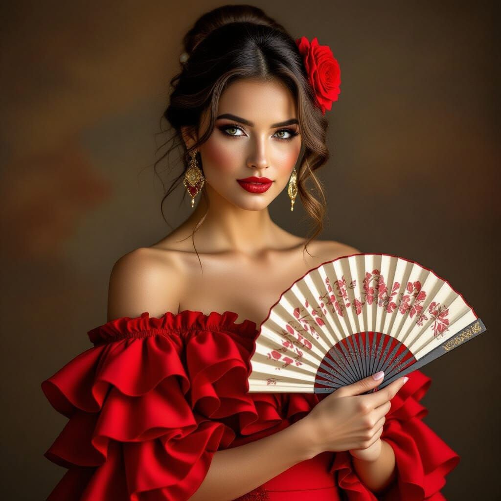 Elegant Spanish Flamenco Dancer in Red Dress