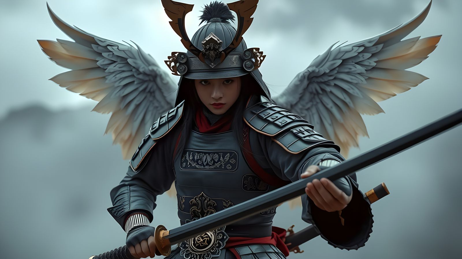 Asian Samurai Angel: Hyperrealistic 64MP Portrait