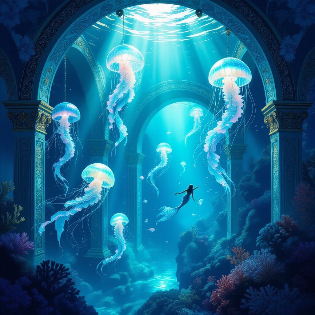 Mythical Underwater City with Coral Architecture & Jellyfish...
