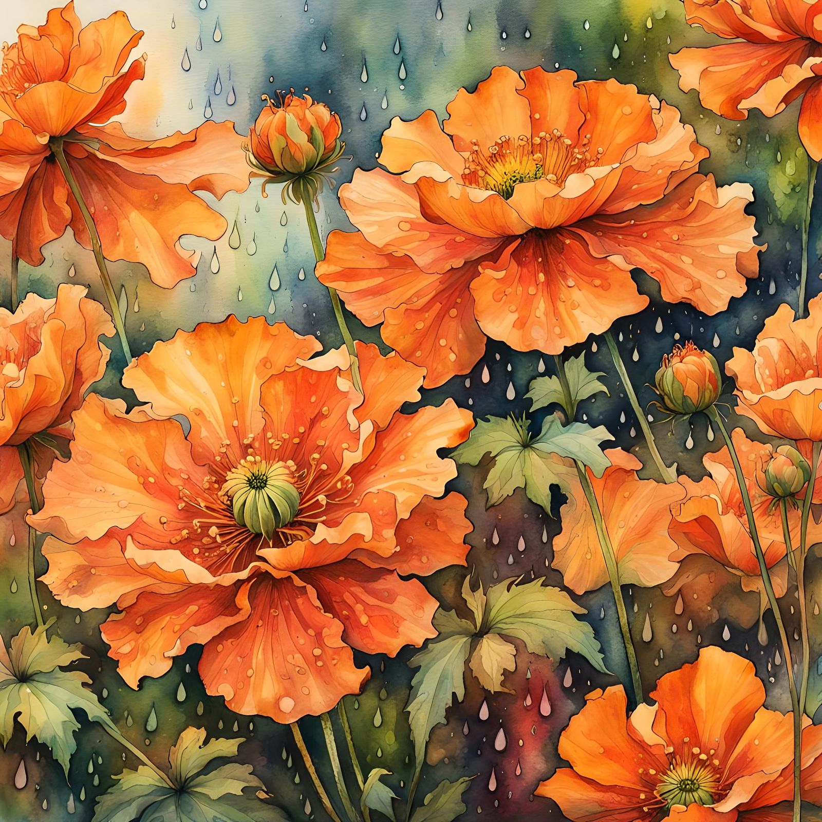 Orange Geum Flowers in Watercolor Illustration