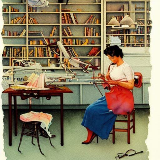 Librarian Knitting in Sewing Room, Surreal Watercolor