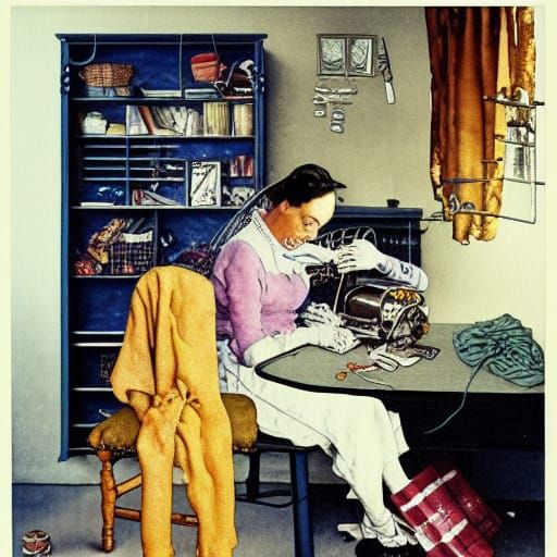 Librarian Knitting in Sewing Room, Surreal Watercolor