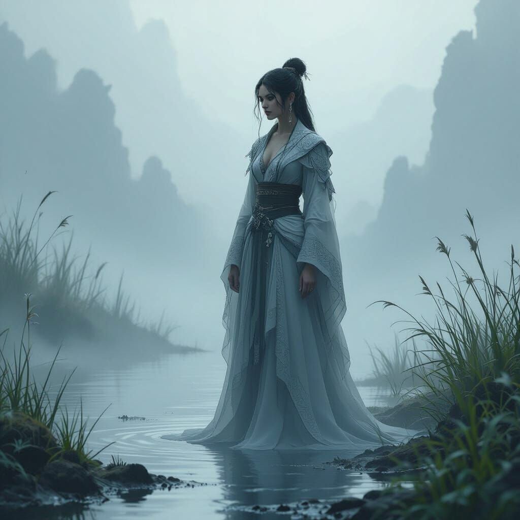 Ethereal Figure in Misty Landscape, Dreamy Art Style