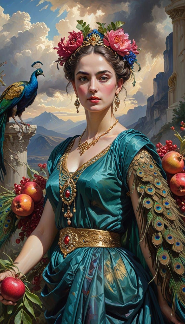Vibrant Oil Painting of Hera, Queen of the Gods