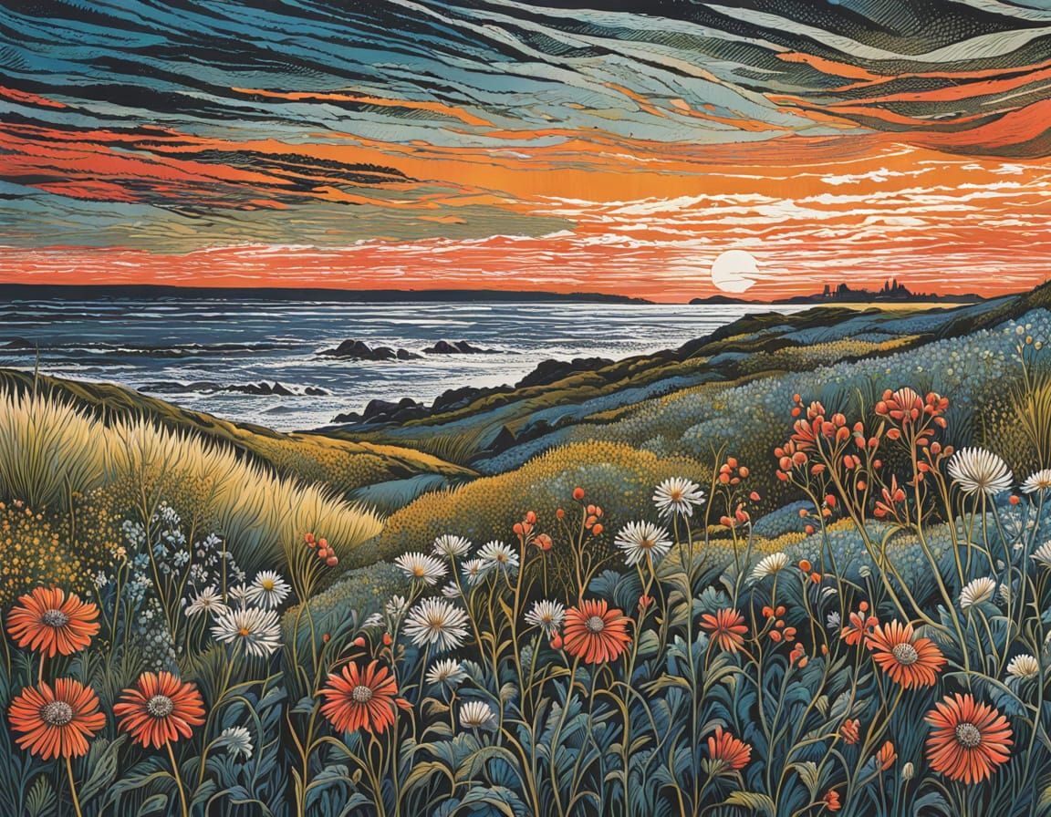 Colourful Wildflowers by the Sea in Linoprint Style