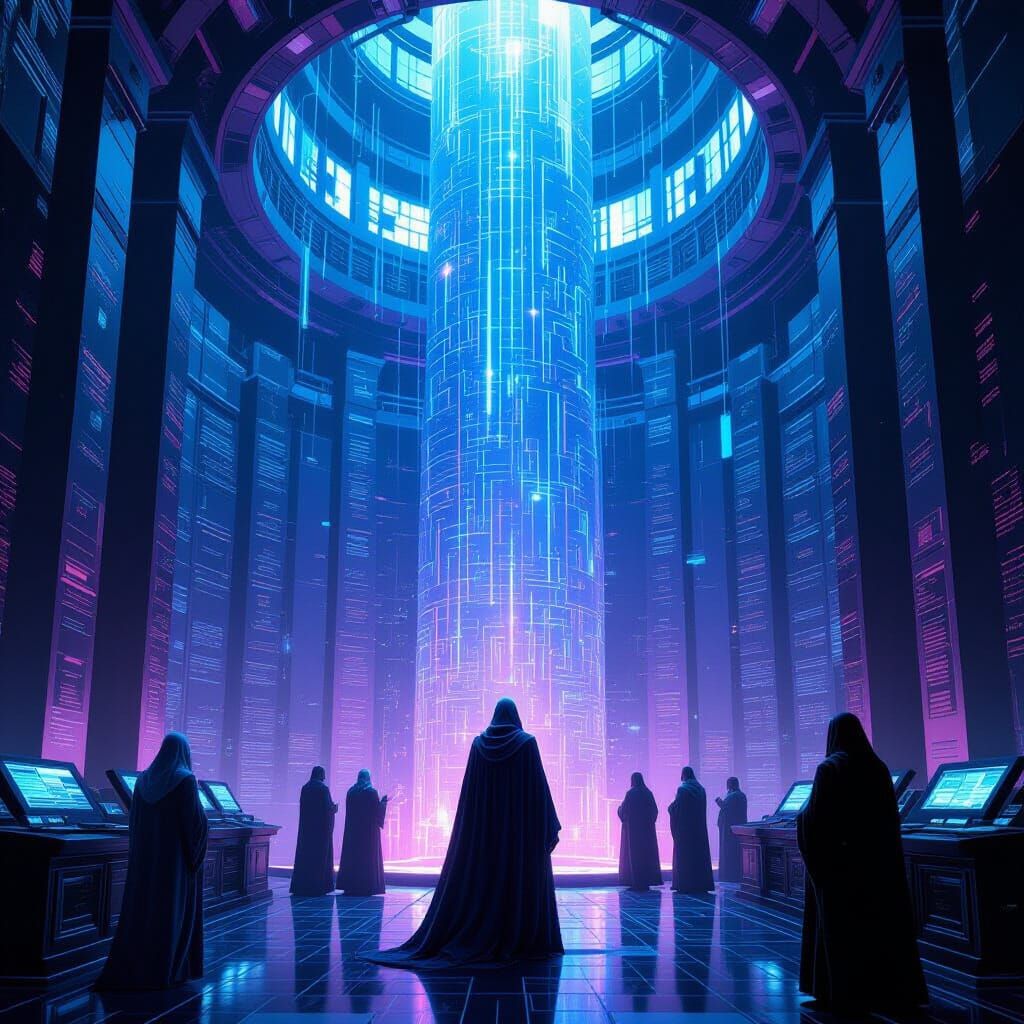 Mystic Archivist in Tower-Archive with Data Weaves