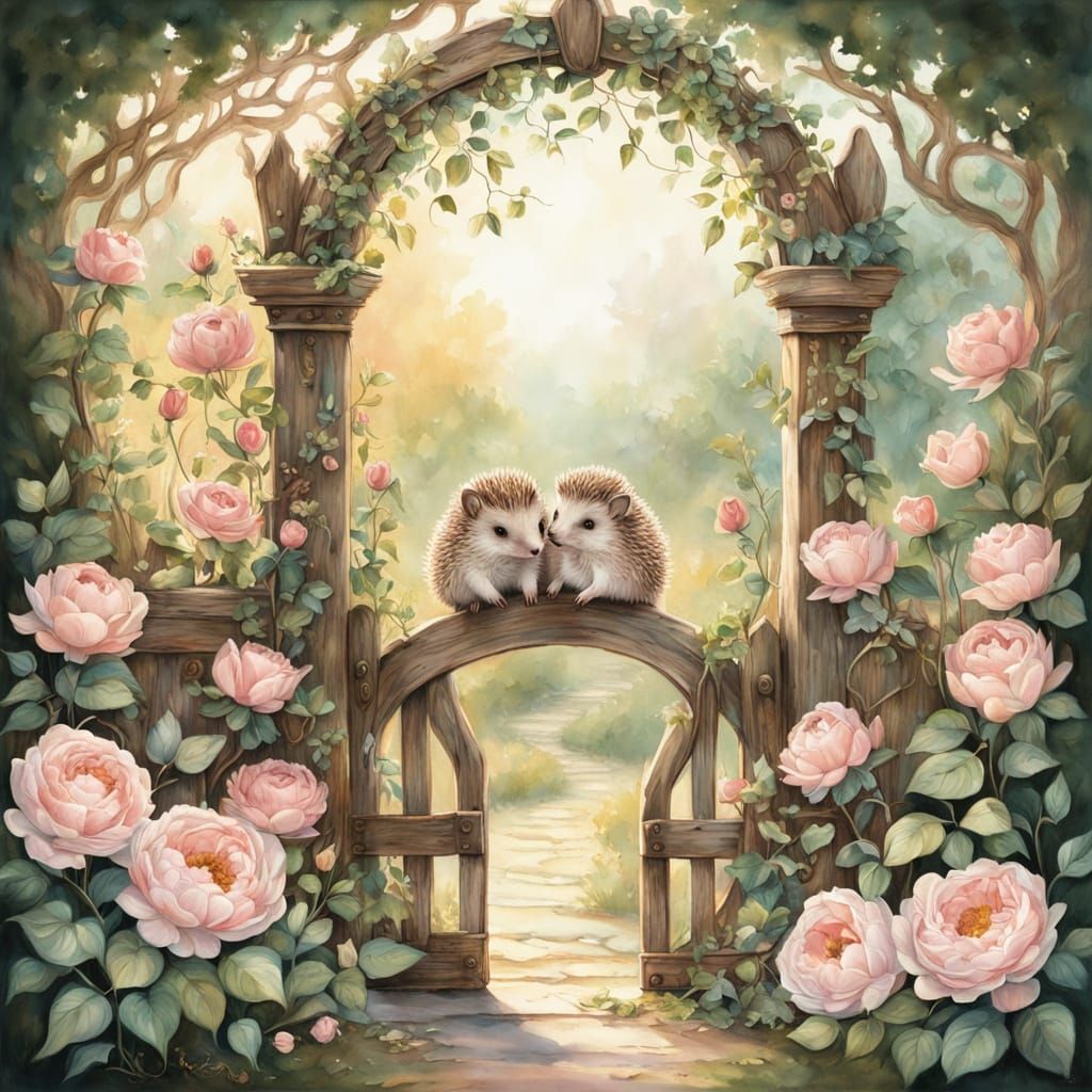 Whimsical Hedgehogs in Enchanted Garden: Watercolor Painting
