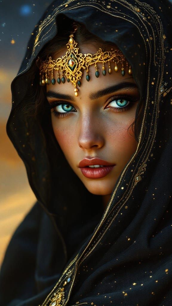 Mysterious Arabian Woman in Pre-Raphaelite Oil Painting