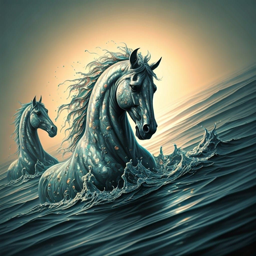 Ethereal Sea Foam Horses in Charcoal Drawing Style