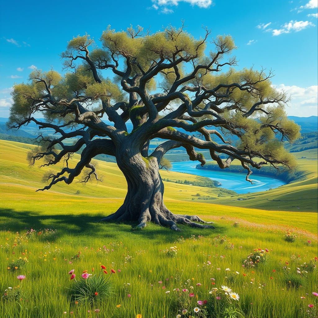 Majestic Oak Tree in a Serene Landscape