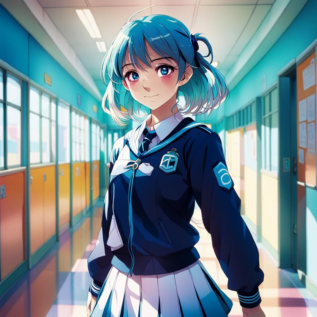 Anime Girl in School Hallway, Cel-Shaded Manga Style