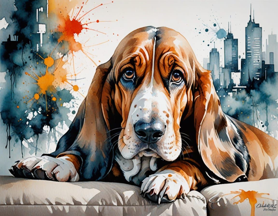 Basset Hound Relaxing on Sofa in City Apartment