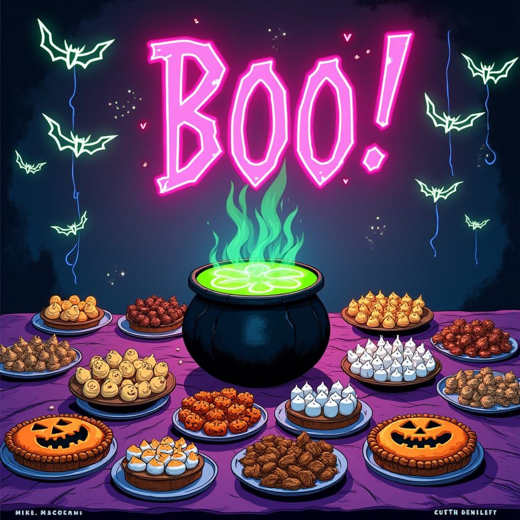 Synthwave Comic Book Halloween Party Table Illustration