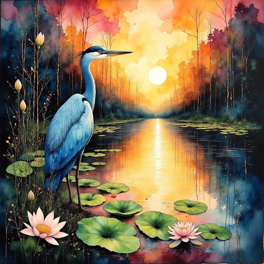 Regal Blue Heron at Vibrant Sunset Lake