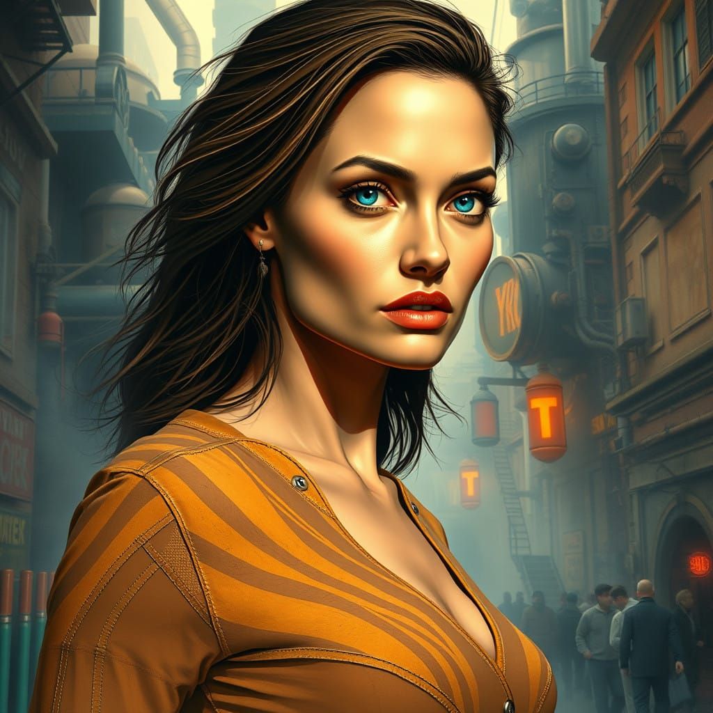 Steampunk Angelina Jolie with Piercing Blue Eyes Walks Down....