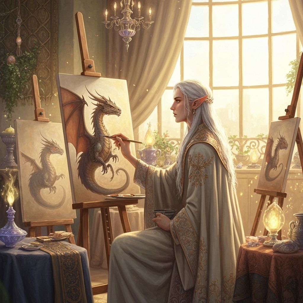 Elven Artist Painting a Dragon in Pre-Raphaelite Style