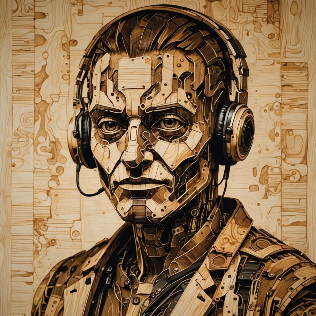 Glitchy Android DJ Portrait in Expressive Style