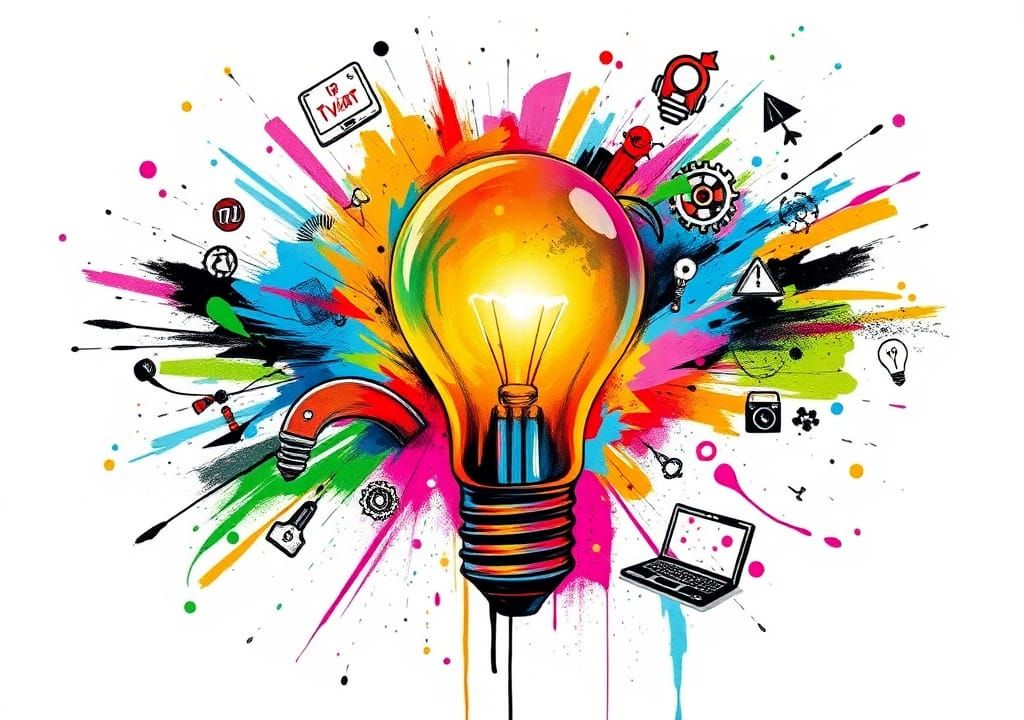 Vibrant Light Bulb Idea with Technology Icons in Graffiti St...