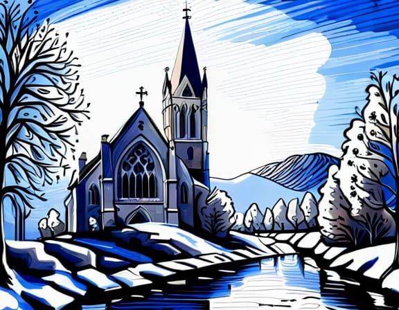 Gothic Church in Winter: Hyperdetailed Charcoal Drawing