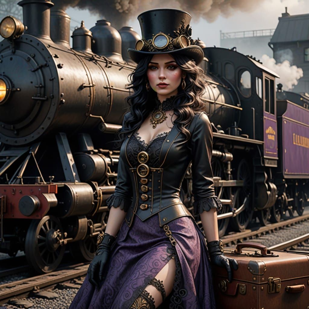 Elegant Goth Girl in Steampunk Attire with Locomotive