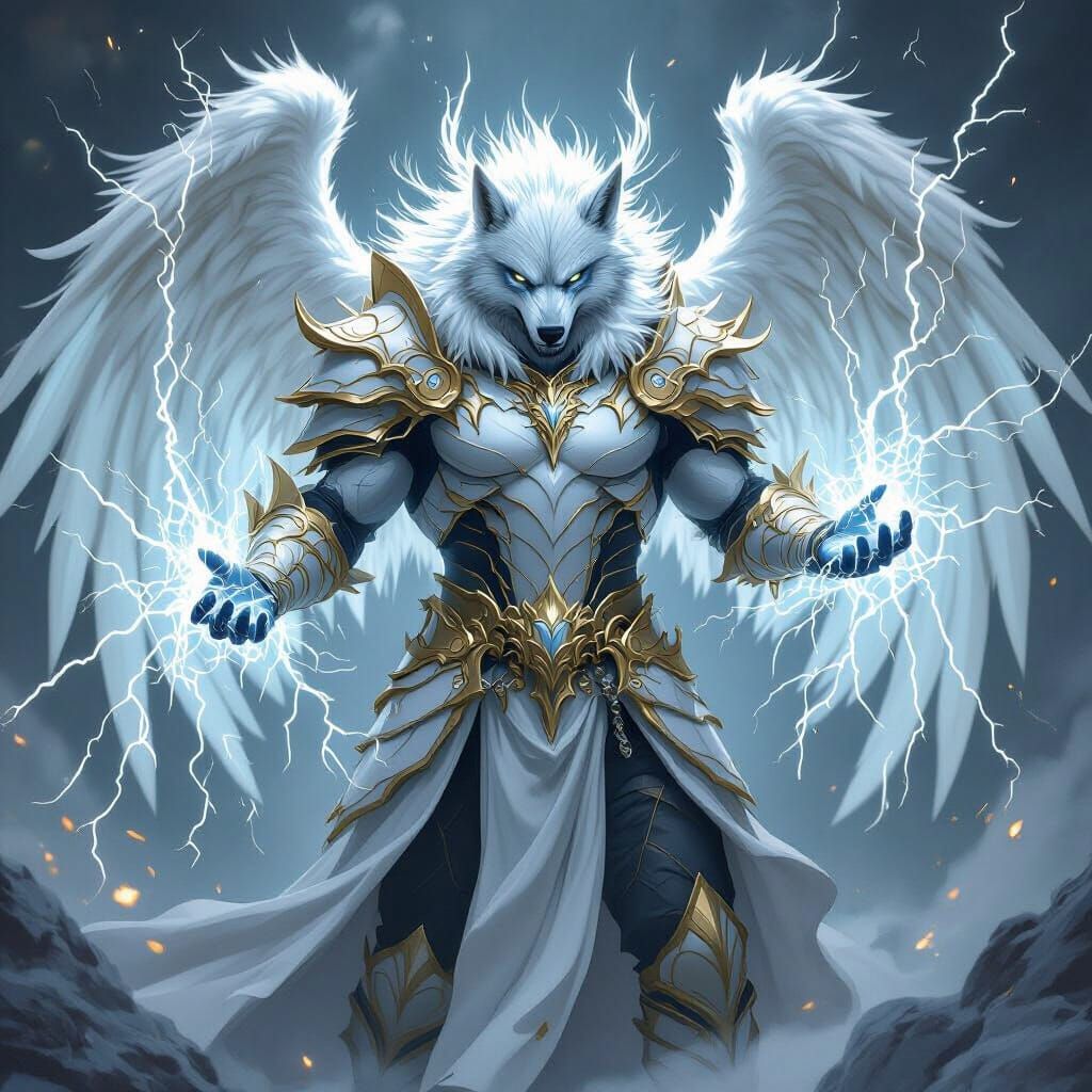 Werewolf Angel Warrior Gabriel with Ice Blue Fur and Electri...