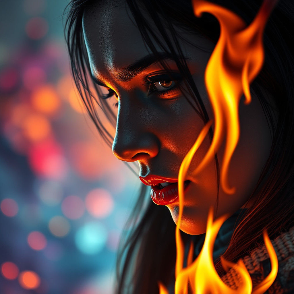 Woman Conjuring Flames: Hyperrealistic Concept Art
