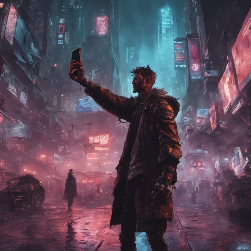 Oni Selfie in Cyberpunk City, Dark Fantasy Art