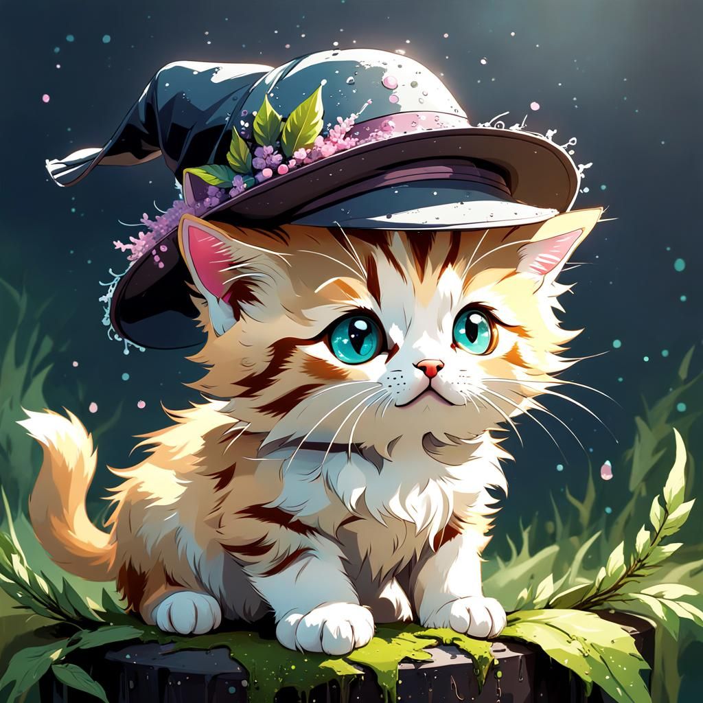 Adorable Kitten in Heather Hat: Detailed Digital Art