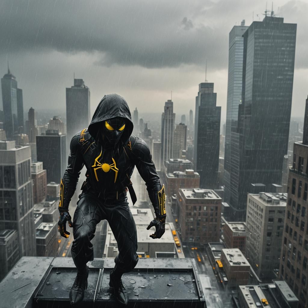 Black Spider-Man with Yellow Symbol in the Rain