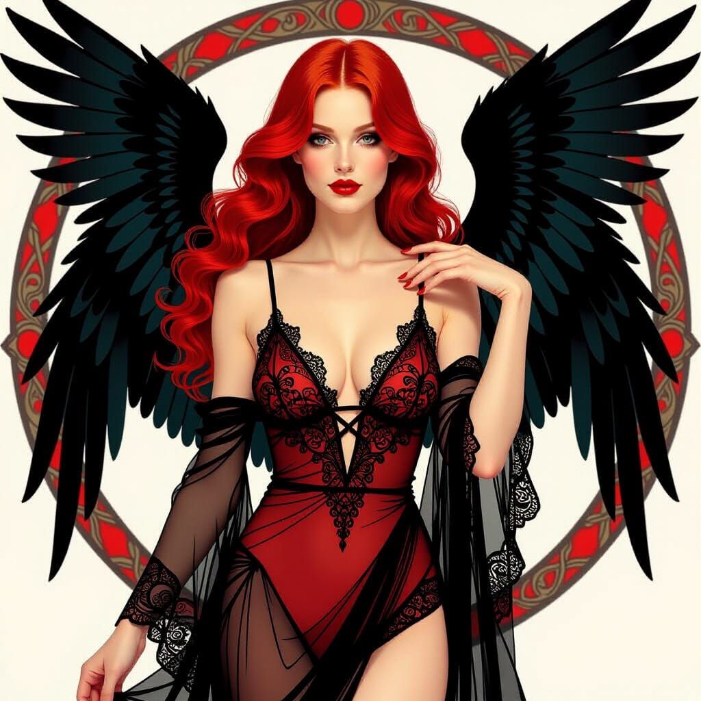 Woman with Red Hair, Angel Wings in Cyberpunk Style