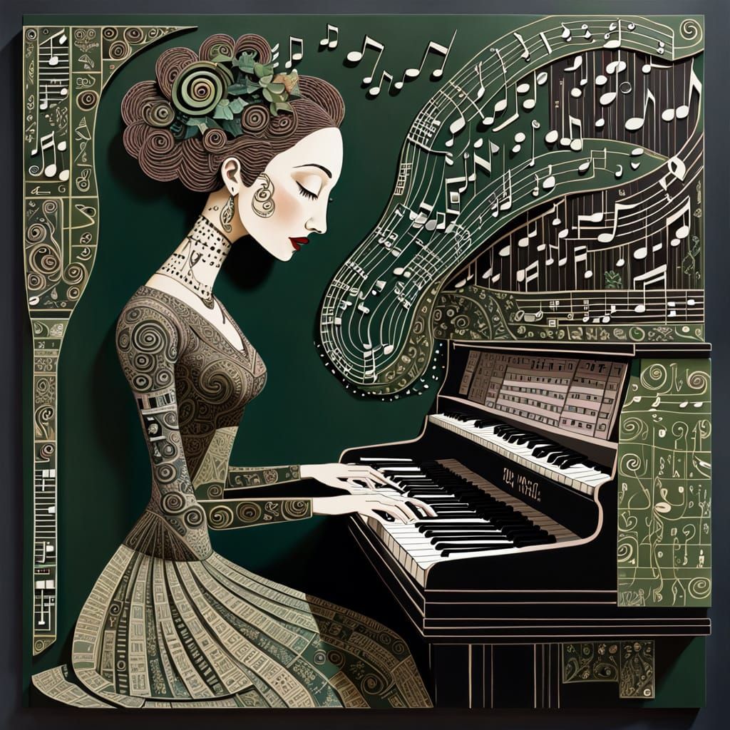 Whimsical Girl Plays Keyboard in Naive Art Style