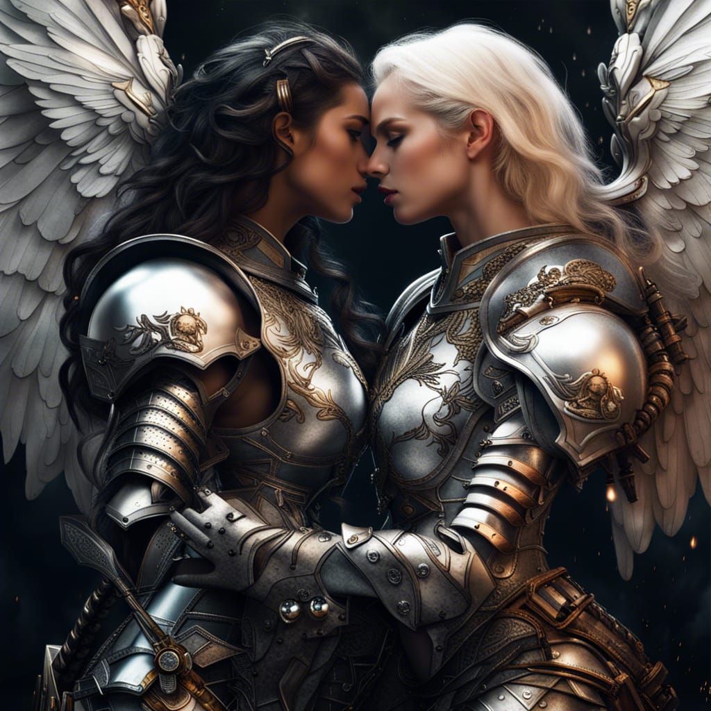 Angelic Kiss: Two Women in Armor, Detailed Digital Art