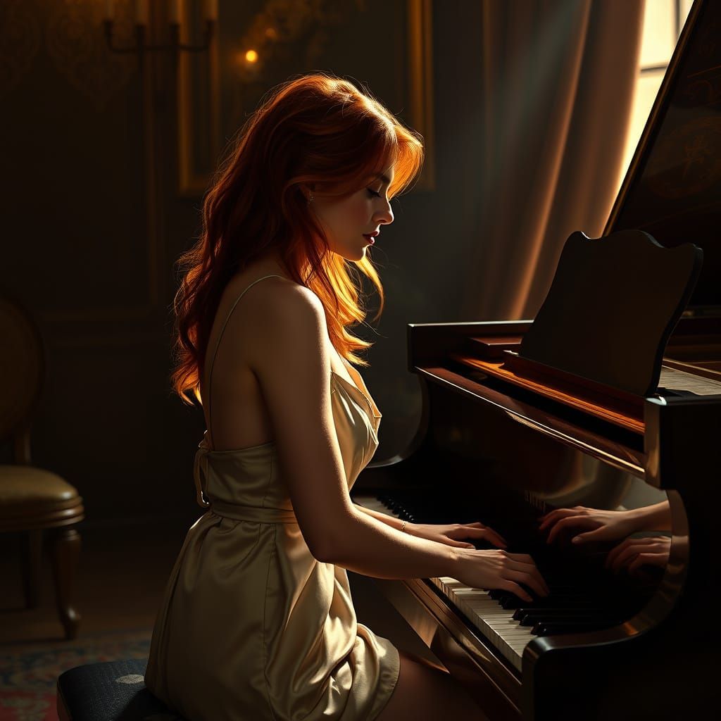 Redhead Woman Plays Piano in Opulent Room