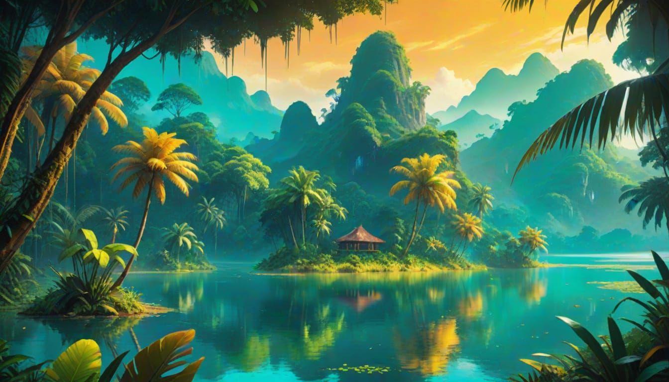 Serene Tropical Lake Amidst Lush Jungle