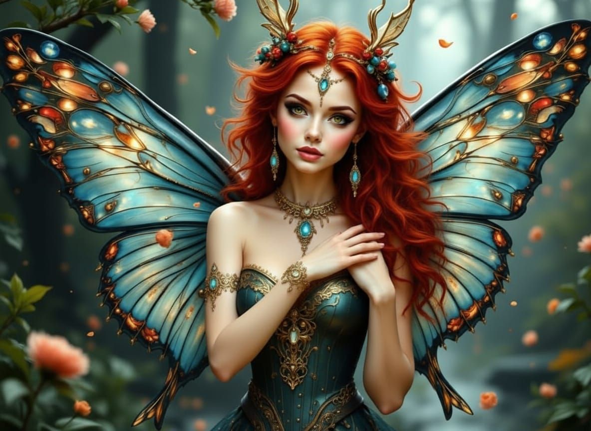 Enchanting Elven Maiden with Fiery Red Hair and Butterfly Wi...
