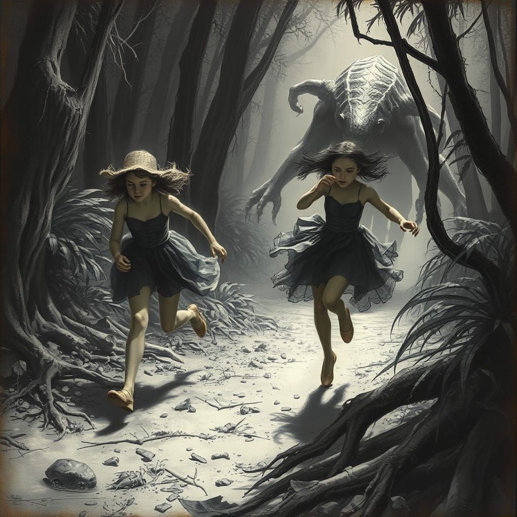 Girls, grey shiny pantyhose, running through the jungle, ballerina shoes, chased by a Monster