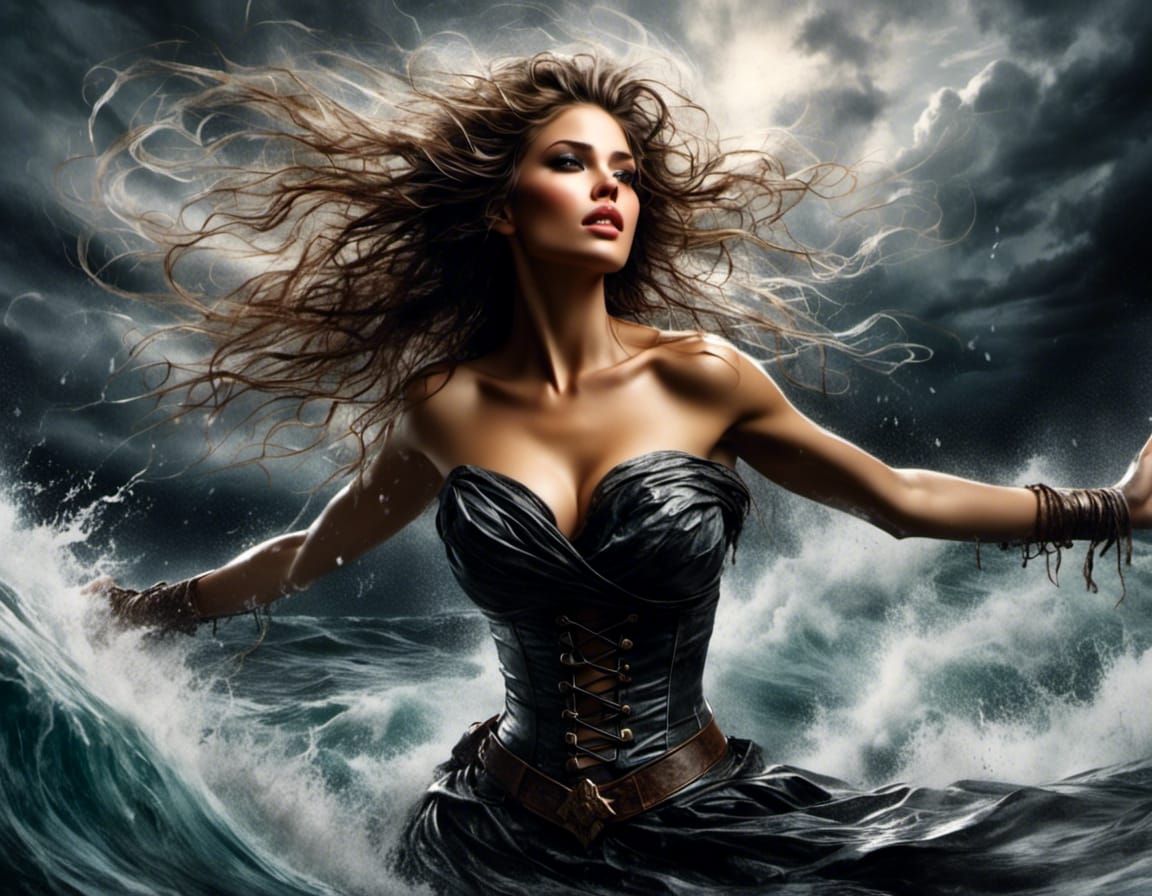 Water Goddess Summons Hurricane in Hyperreal Illustration