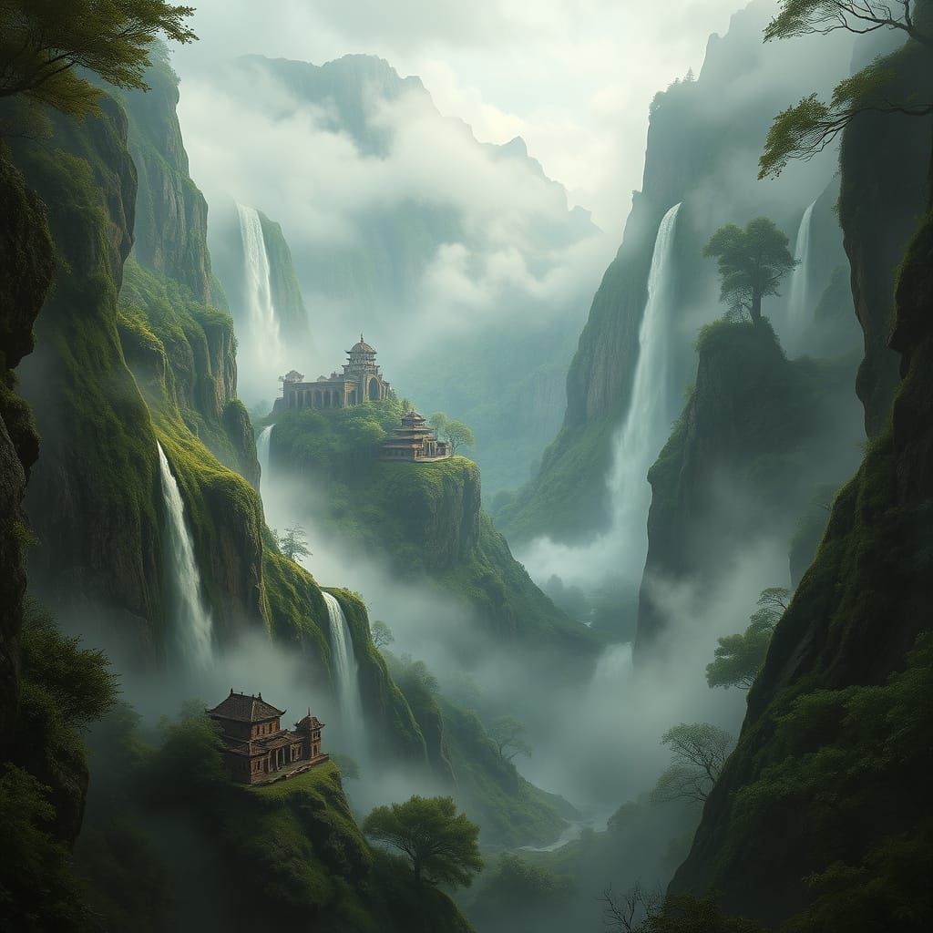 Mist-Shrouded Valley with Waterfalls and Ruins