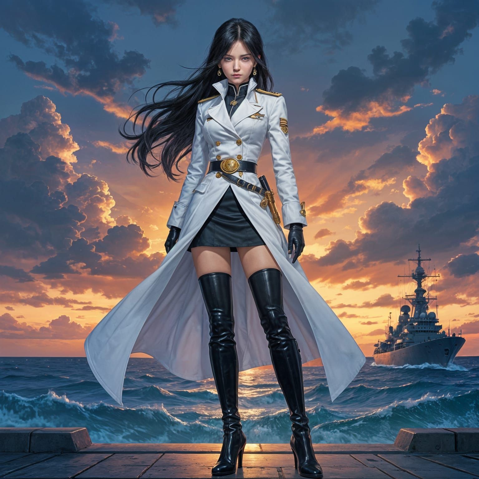 Anime Female Admiral in White Uniform with Sword