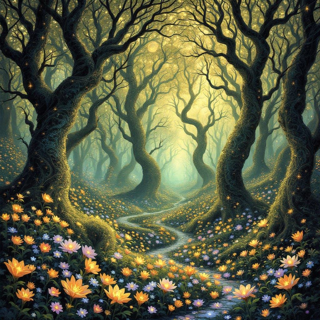 Ethereal Forest Scene in Art Nouveau Style