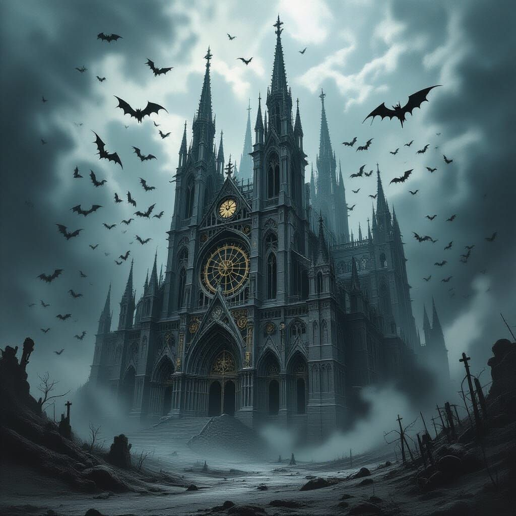 Gothic Bone Cathedral with Clockwork Bats in Charcoal Style
