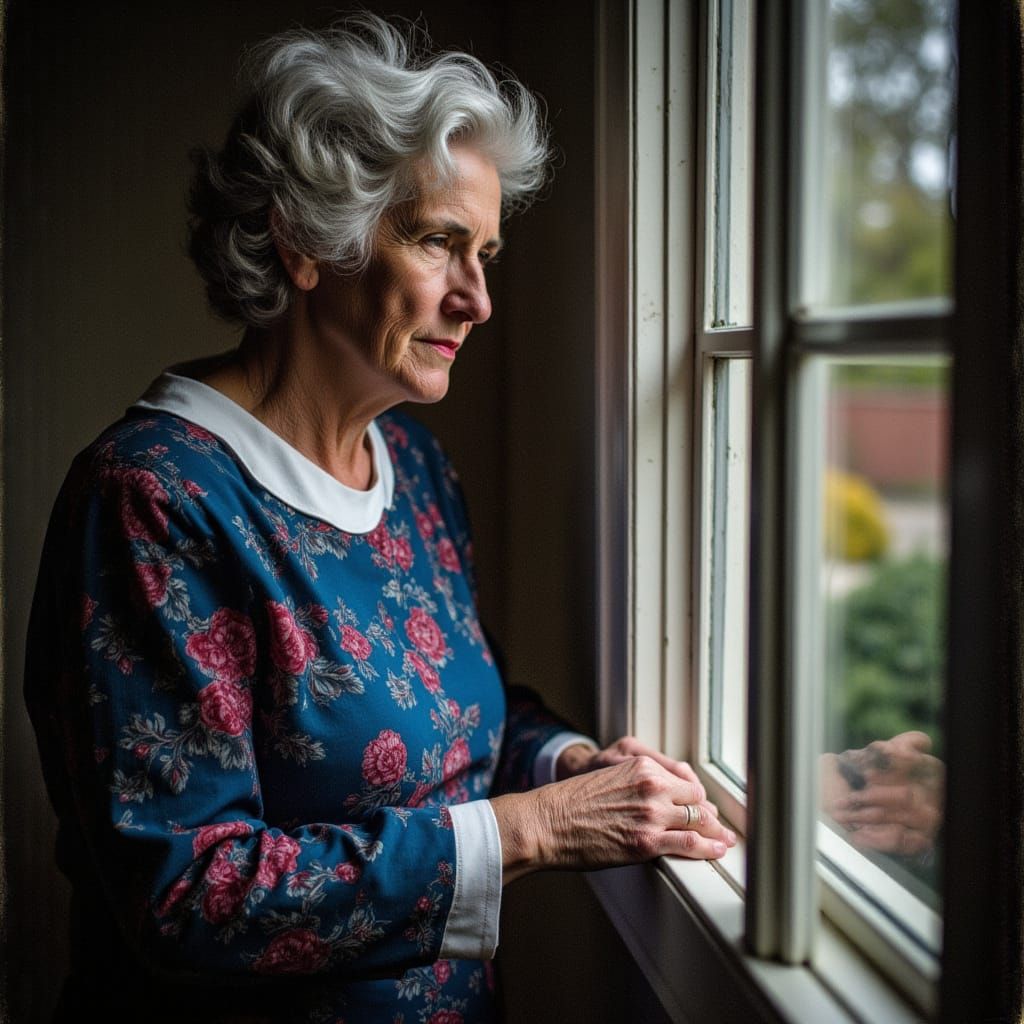 Mother Waits at Window in Earthy Style