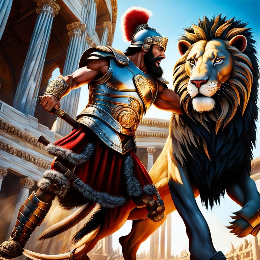 Gladiator's Roar: Lion Fight in Roman Colosseum