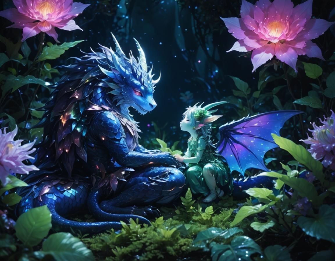 Sleeping Dragon Siblings in Bioluminescent Forest