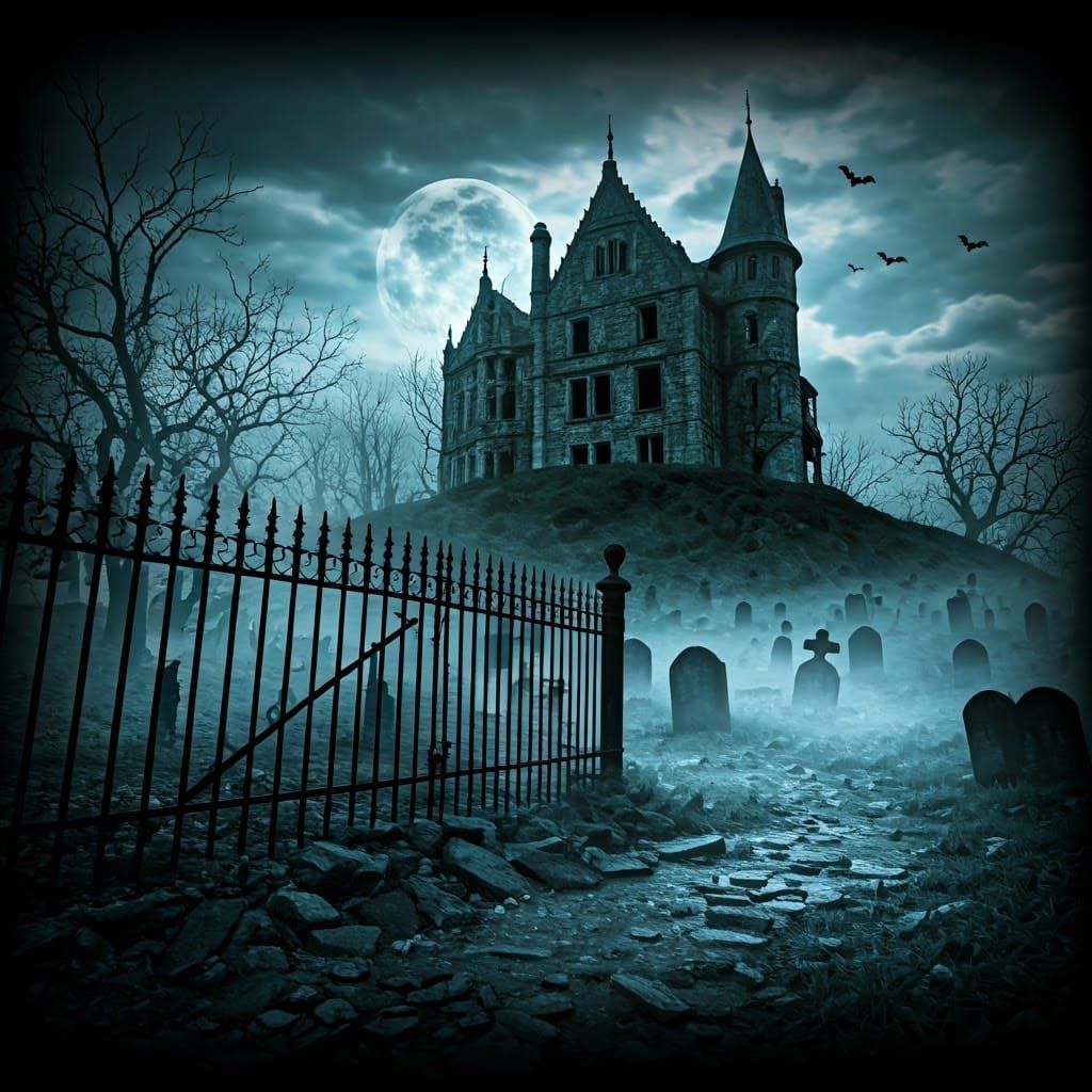Eerie Mansion and Graveyard in Hammer Horror Style