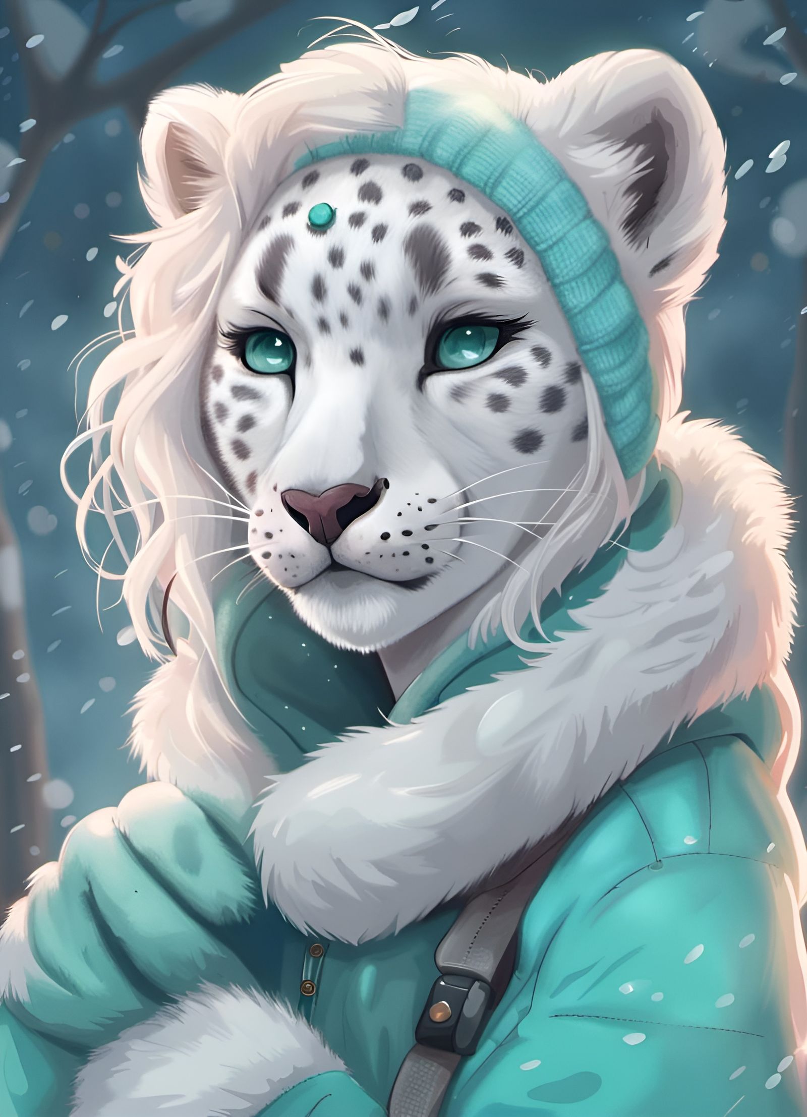 Albino Snow Leopard Furry in Winter Outfit