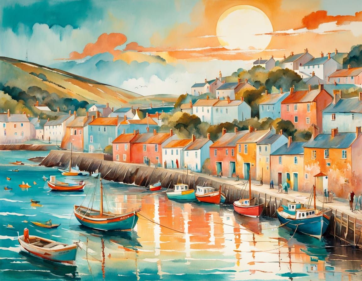 Vibrant Watercolour Coastal Village in Summer Sun