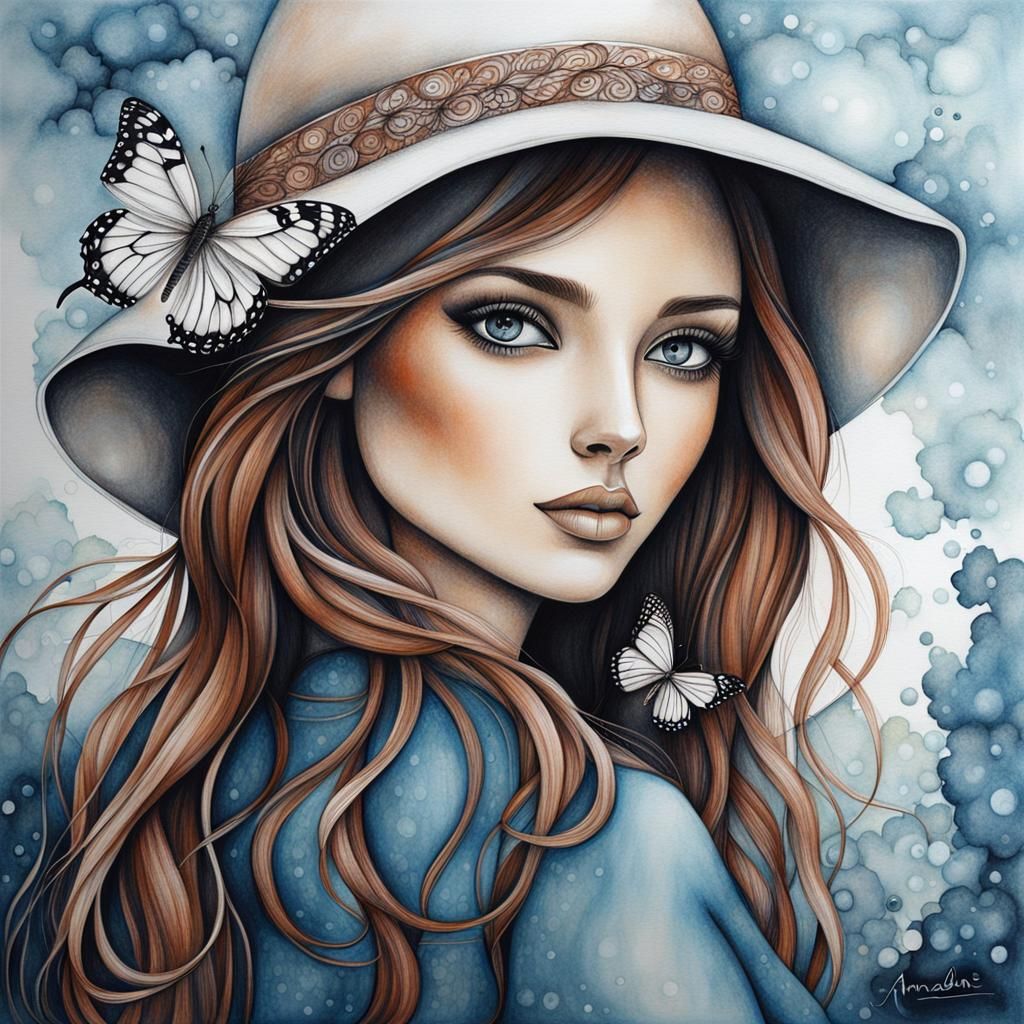 Elegant Girl in Ink Drawing Portrait